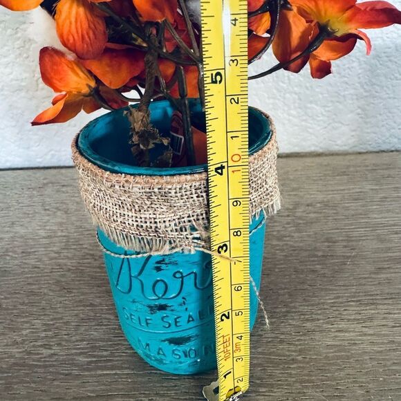 Fall Farmhouse Turquoise Mason Jar Vase Hydrangea Cotton Floral Arrangement - Picture 3 of 4
